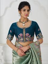 Charming Teal Green Border Work Dola Silk Engagement Wear Saree