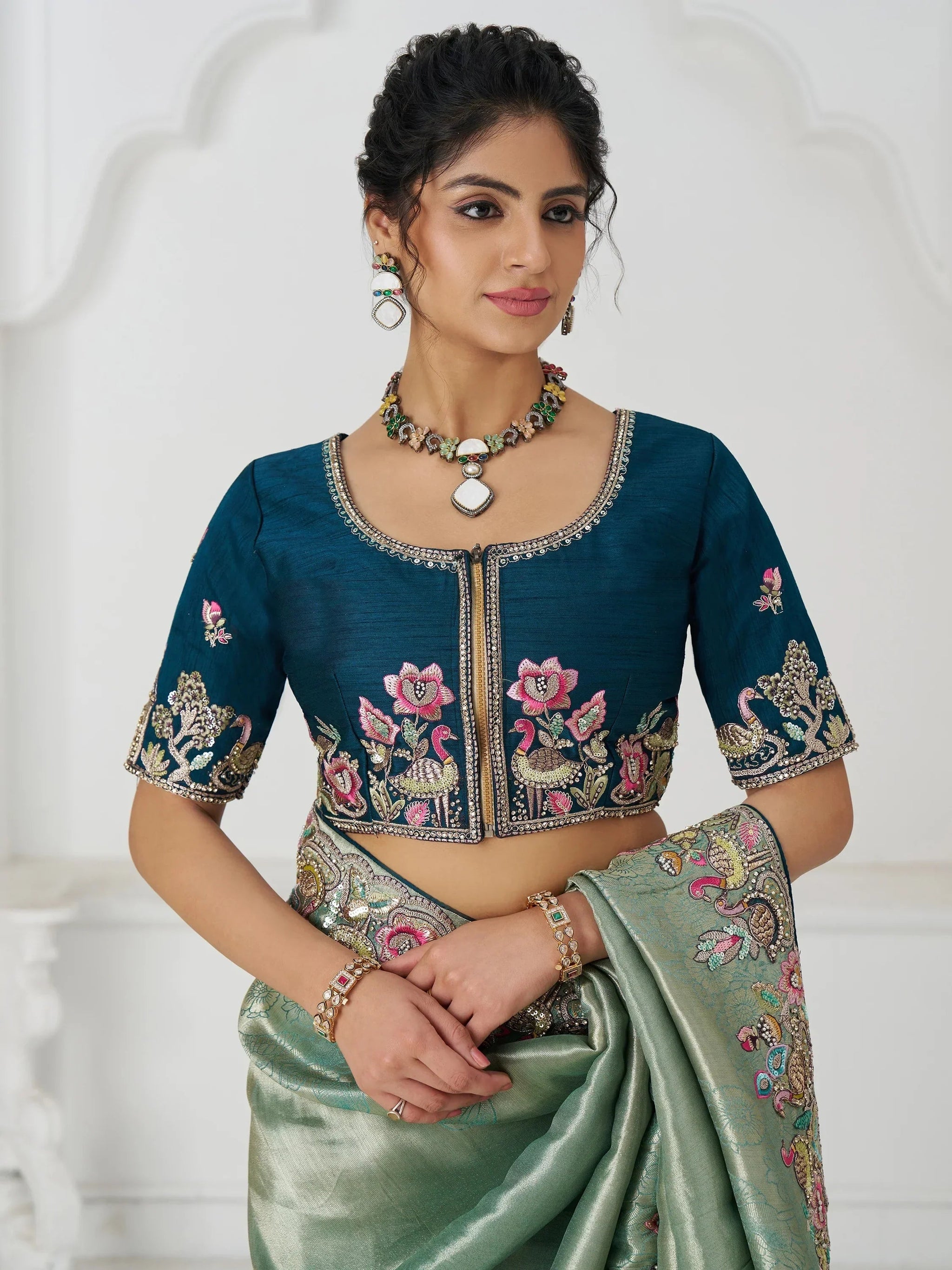 Charming Teal Green Border Work Dola Silk Engagement Wear Saree