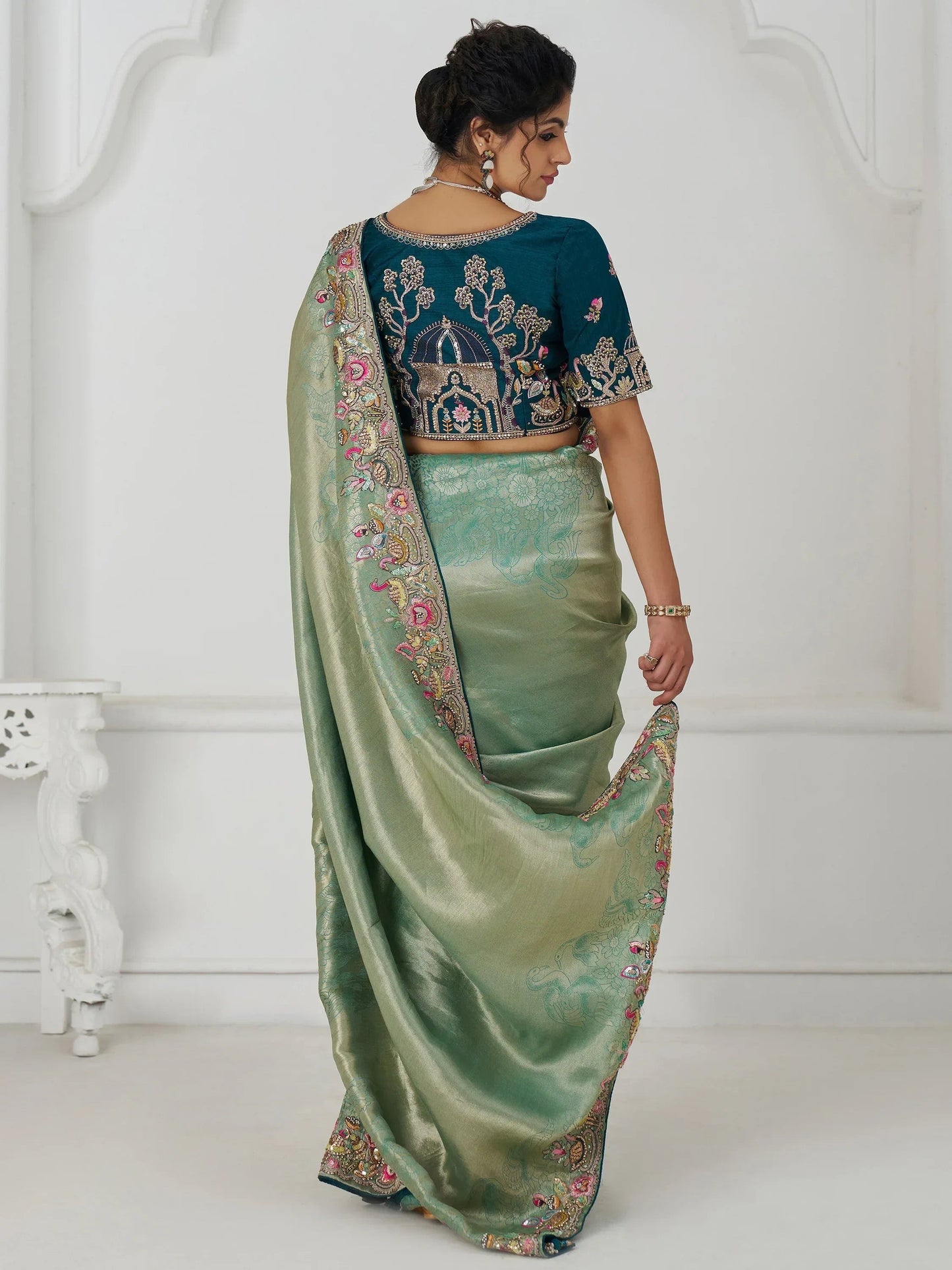 Charming Teal Green Border Work Dola Silk Engagement Wear Saree