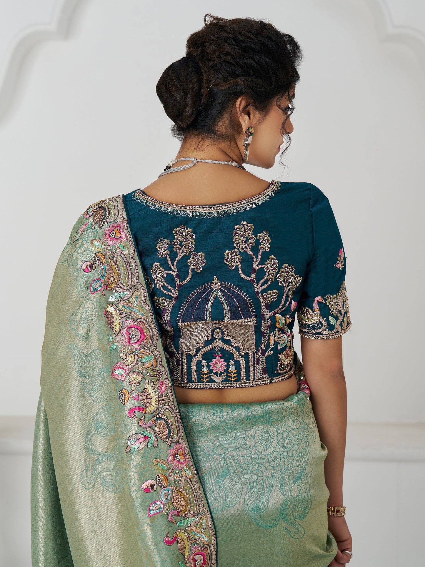 Charming Teal Green Border Work Dola Silk Engagement Wear Saree