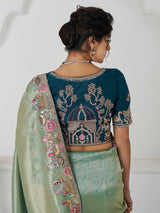 Charming Teal Green Border Work Dola Silk Engagement Wear Saree