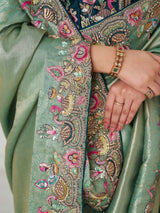Charming Teal Green Border Work Dola Silk Engagement Wear Saree