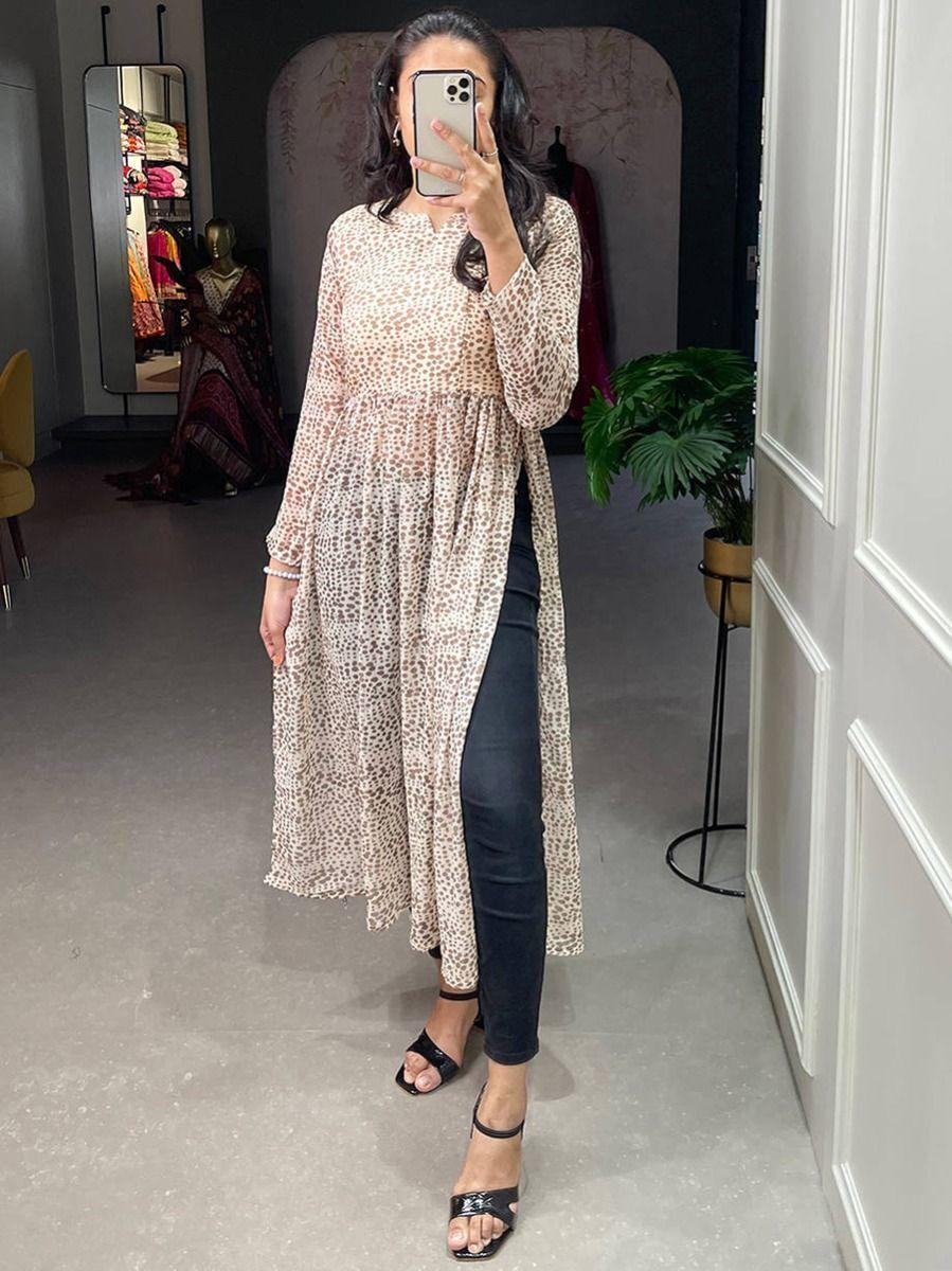 Charming White Animal Printed Chiffon Nayra Cut Event Wear Kurti