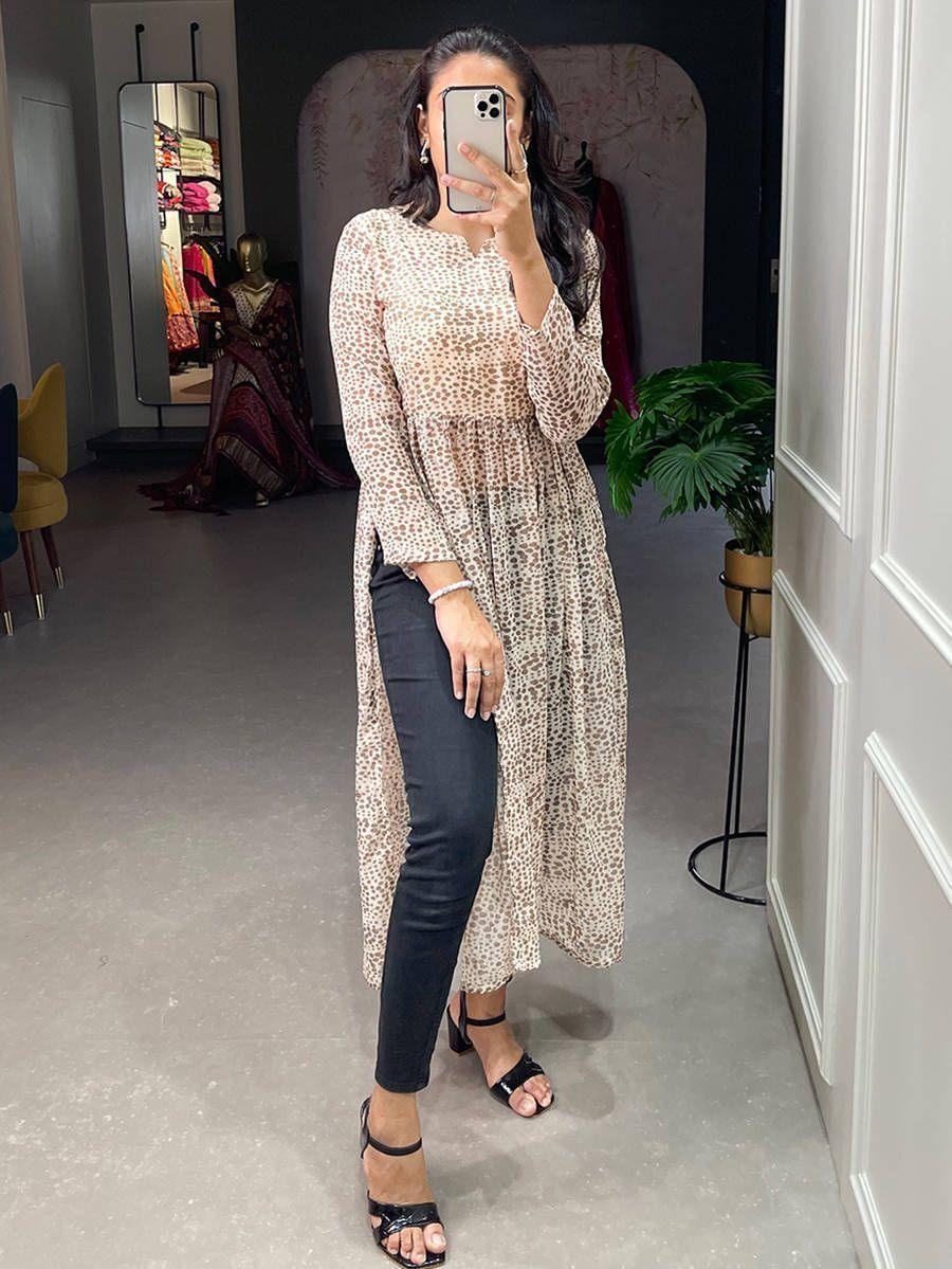 Charming White Animal Printed Chiffon Nayra Cut Event Wear Kurti