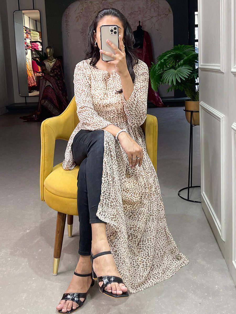 Charming White Animal Printed Chiffon Nayra Cut Event Wear Kurti