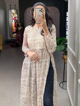 Charming White Animal Printed Chiffon Nayra Cut Event Wear Kurti