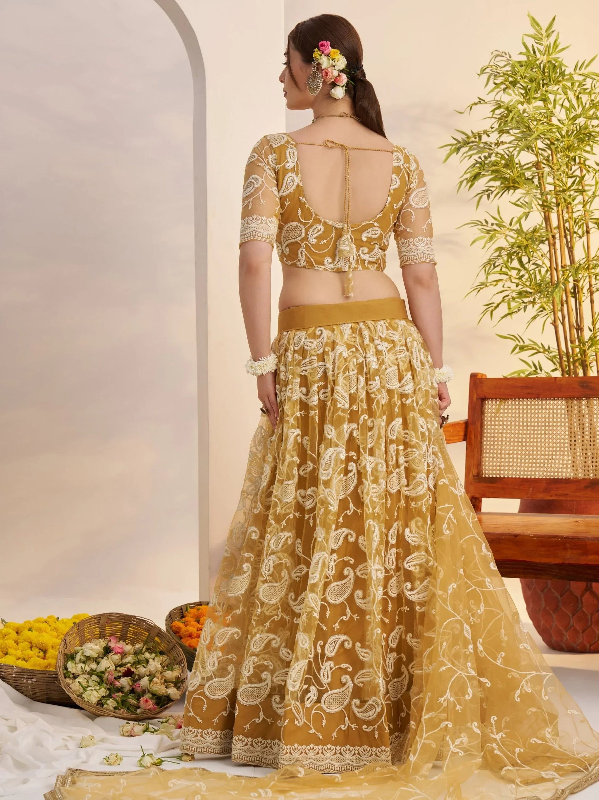 Charming Yellow Embroidered Net Haldi Wear Lehenga Choli With Dupatta