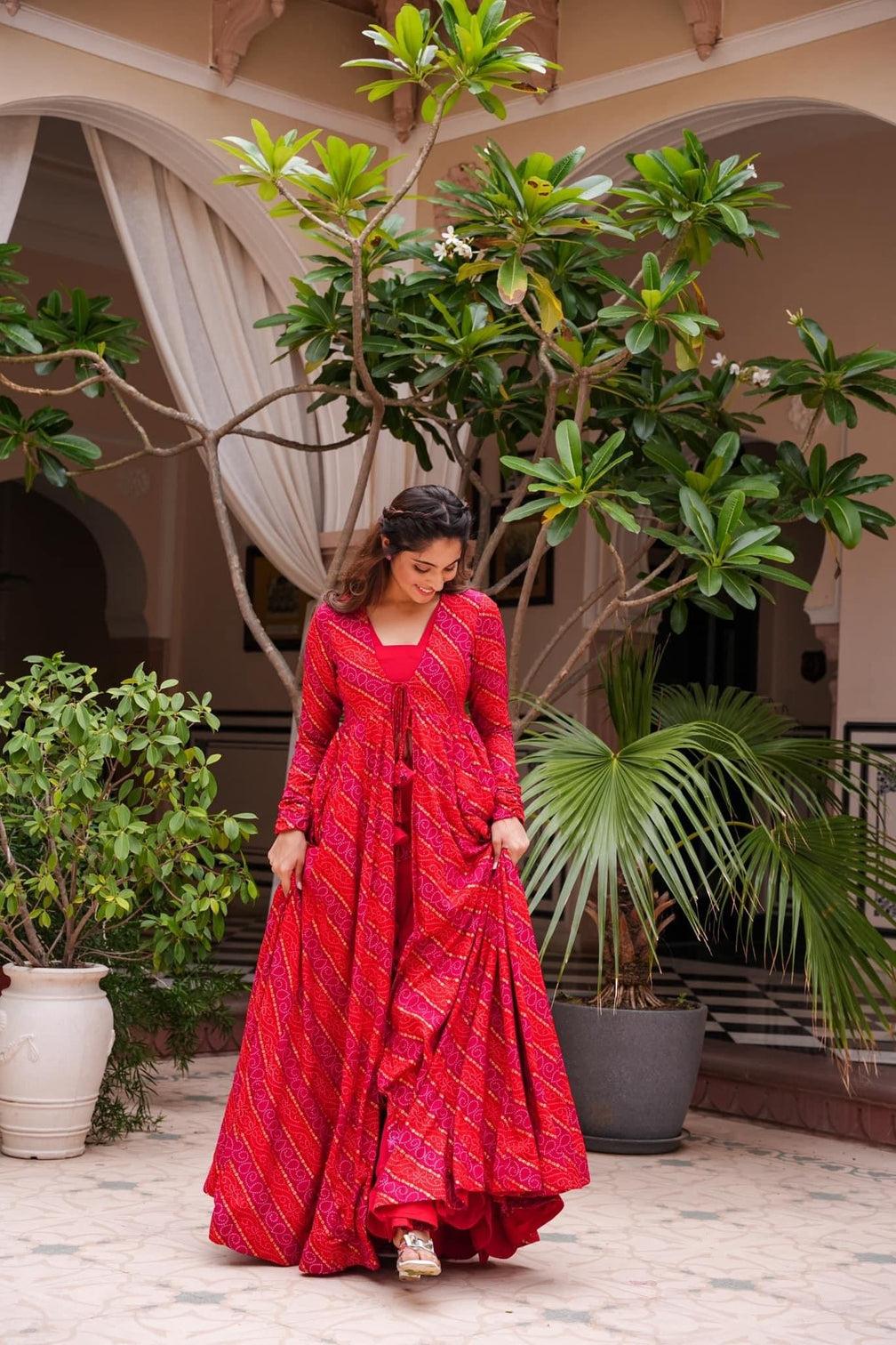 Cherry Pink Dream: 3-Piece Designer Suit with Crop Top, Palazzo Pants & Shrug