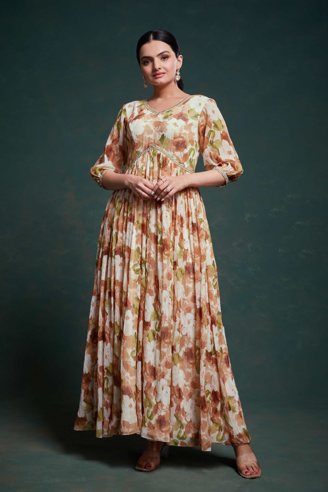 Chic Brown Georgette Dress with Elegant Prints – Ready to Wear