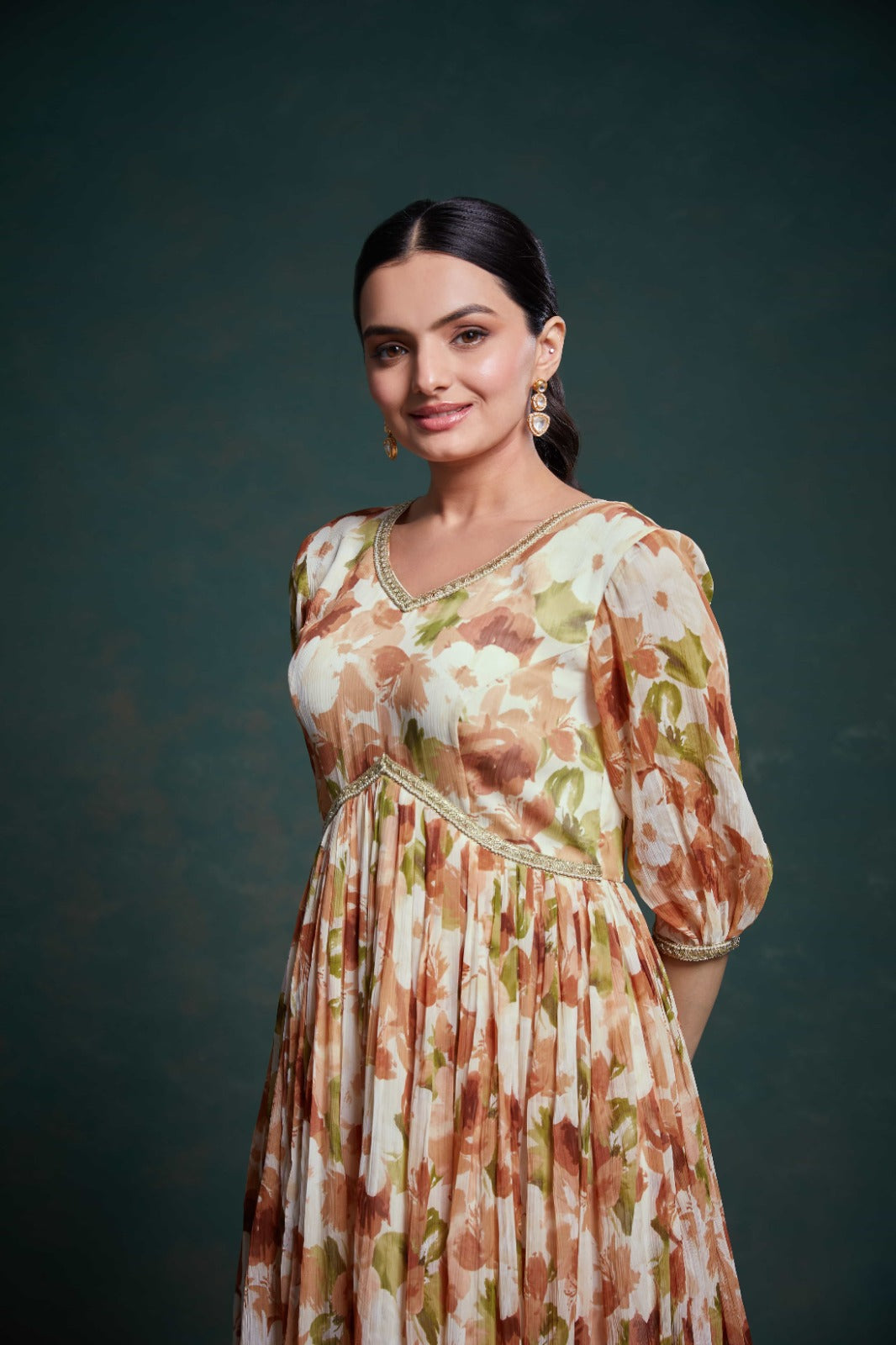 Chic Brown Georgette Dress with Elegant Prints – Ready to Wear