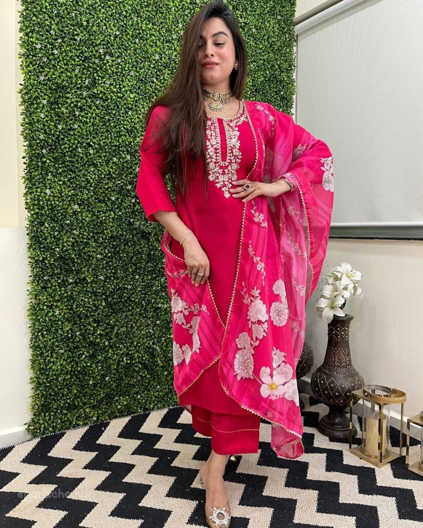 Viscose Chanderi Kurti Set with Printed Tussar Silk Dupatta