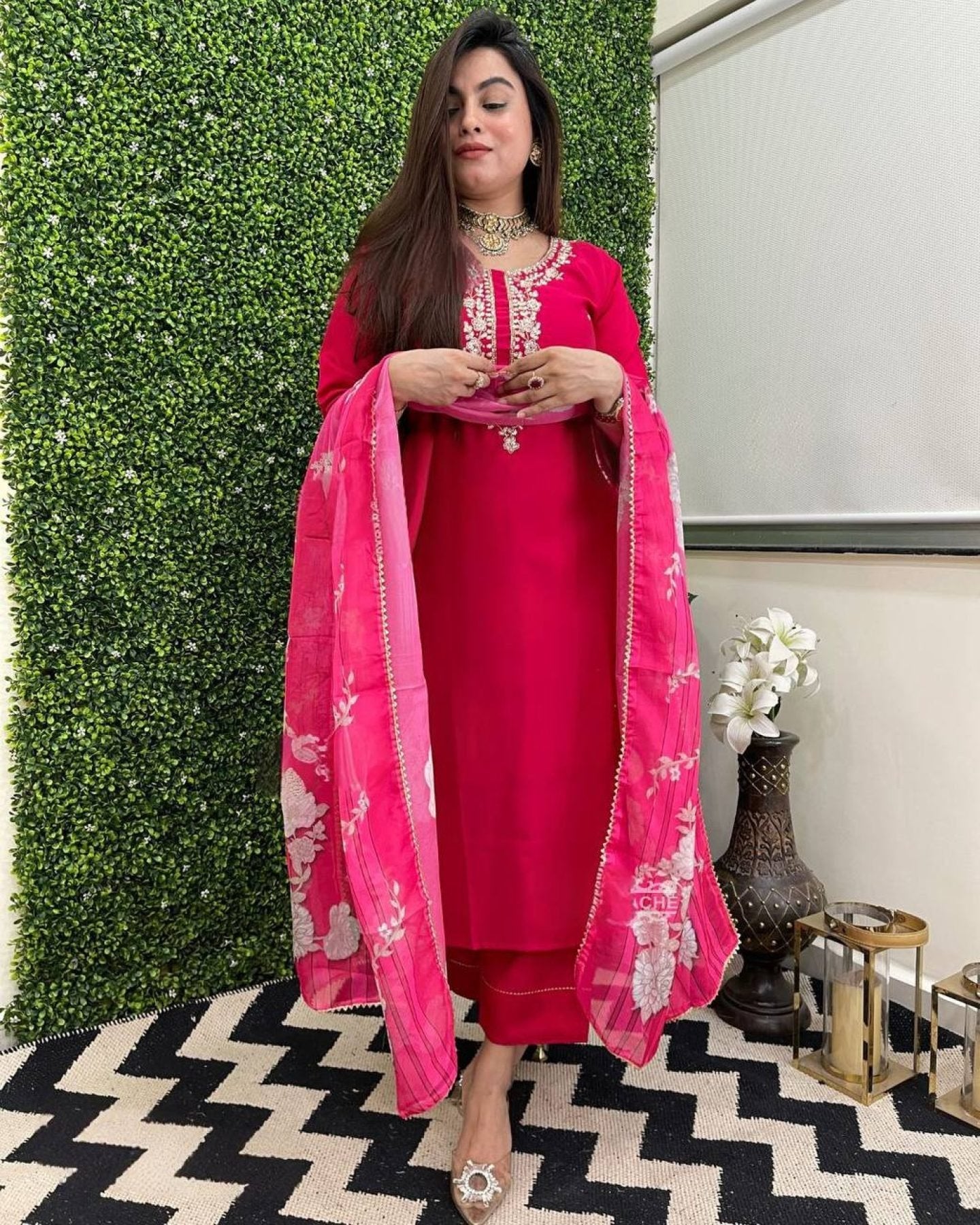 Viscose Chanderi Kurti Set with Printed Tussar Silk Dupatta