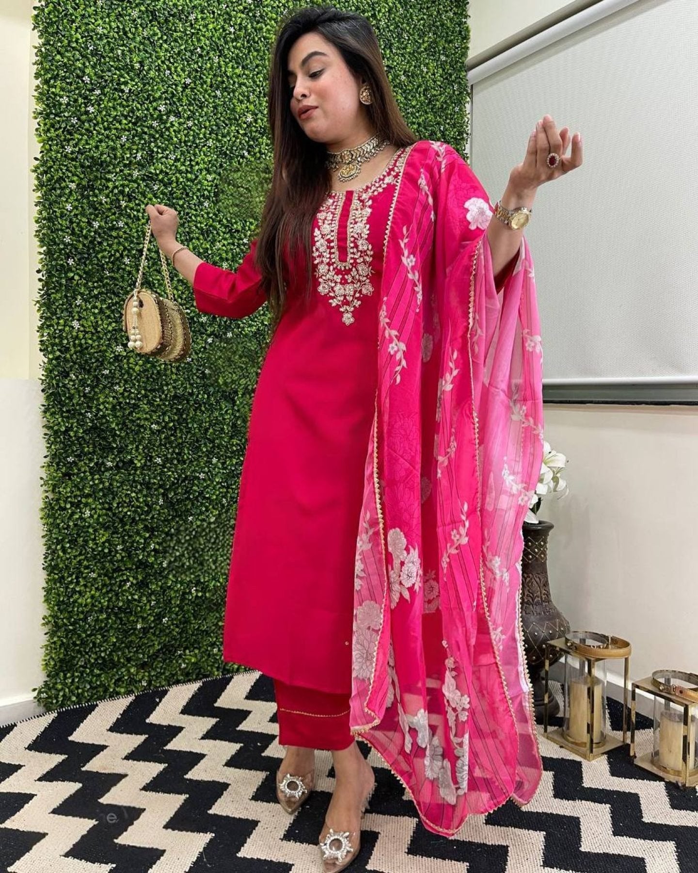 Viscose Chanderi Kurti Set with Printed Tussar Silk Dupatta