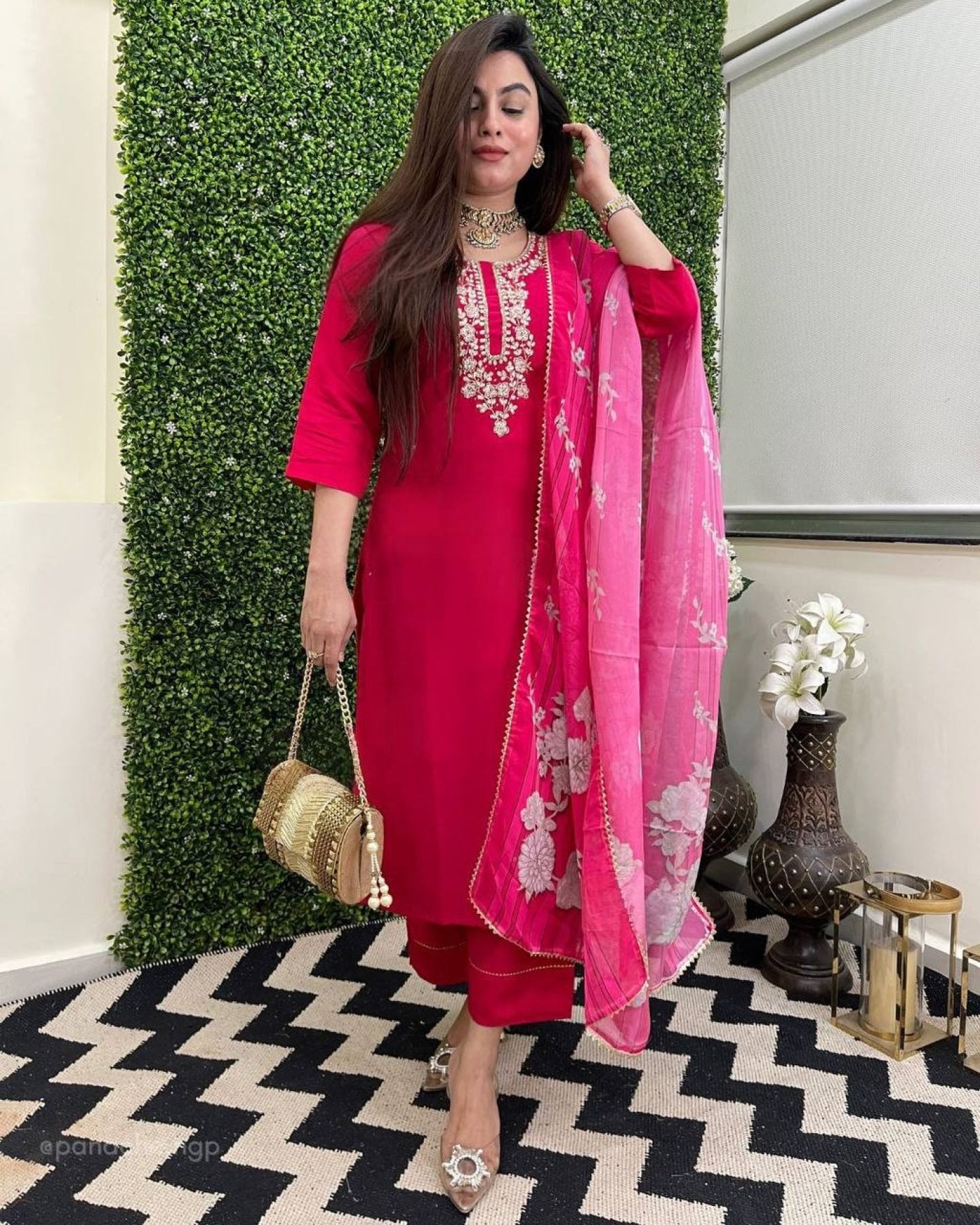 Viscose Chanderi Kurti Set with Printed Tussar Silk Dupatta