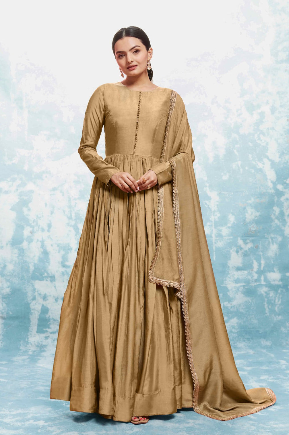 Chic Olive Muslin Dress with Printed Work and Georgette Dupatta – Ready to Wear