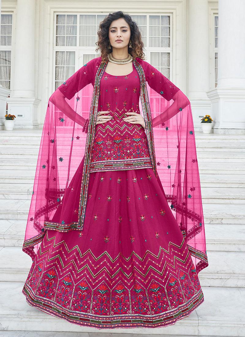 Chiffon Base Pink Long Top With Lehenga