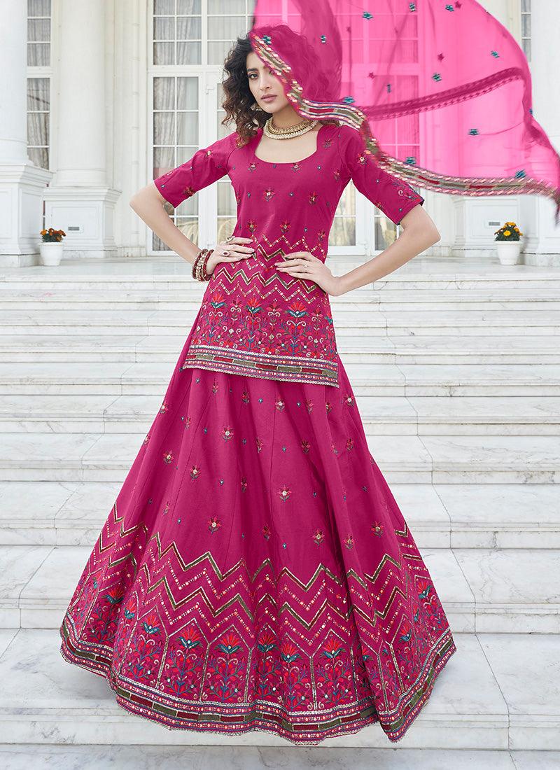 Chiffon Base Pink Long Top With Lehenga