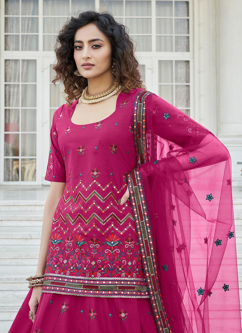 Chiffon Base Pink Long Top With Lehenga