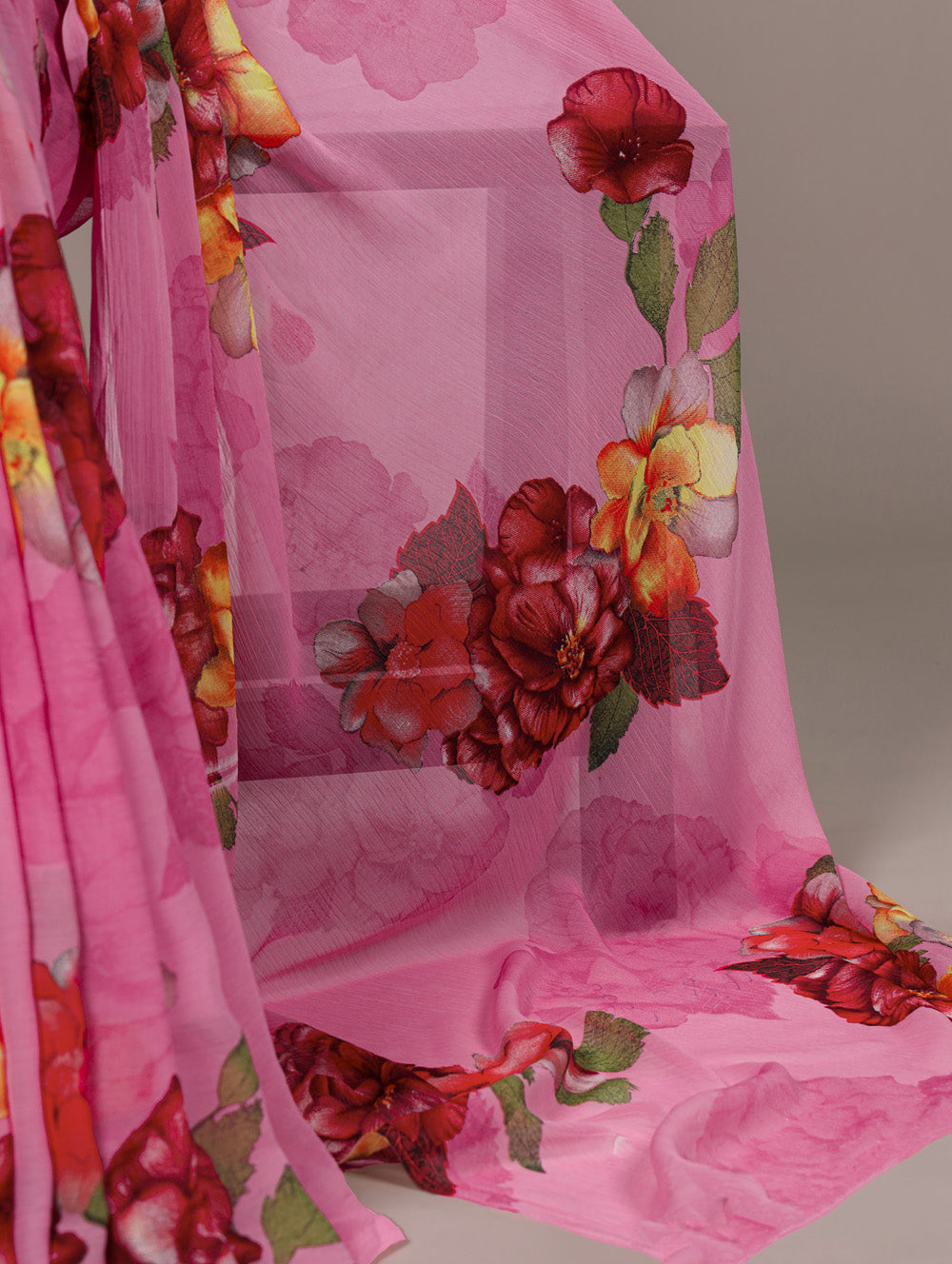 Pink floral print chiffon saree with mehndi banglory blouse lace detailing