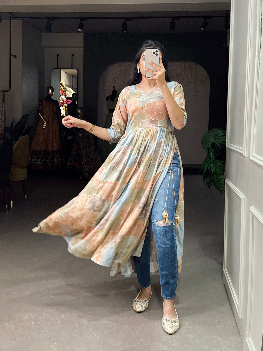 Chikoo Color Nayra-cut Foil Printed Cotton Kurti For Effortless Style and Any Occasion