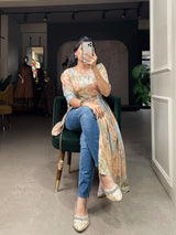 Chikoo Color Nayra-cut Foil Printed Cotton Kurti For Effortless Style and Any Occasion