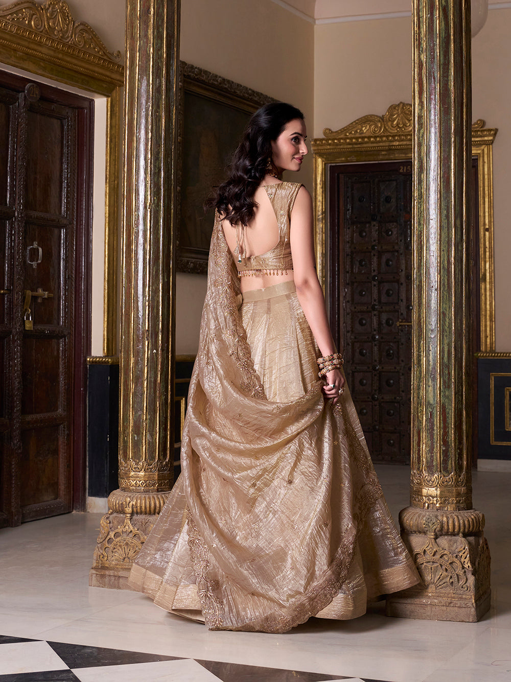 Chiku gold crush lehenga choli with sequins embroidery matching dupatta