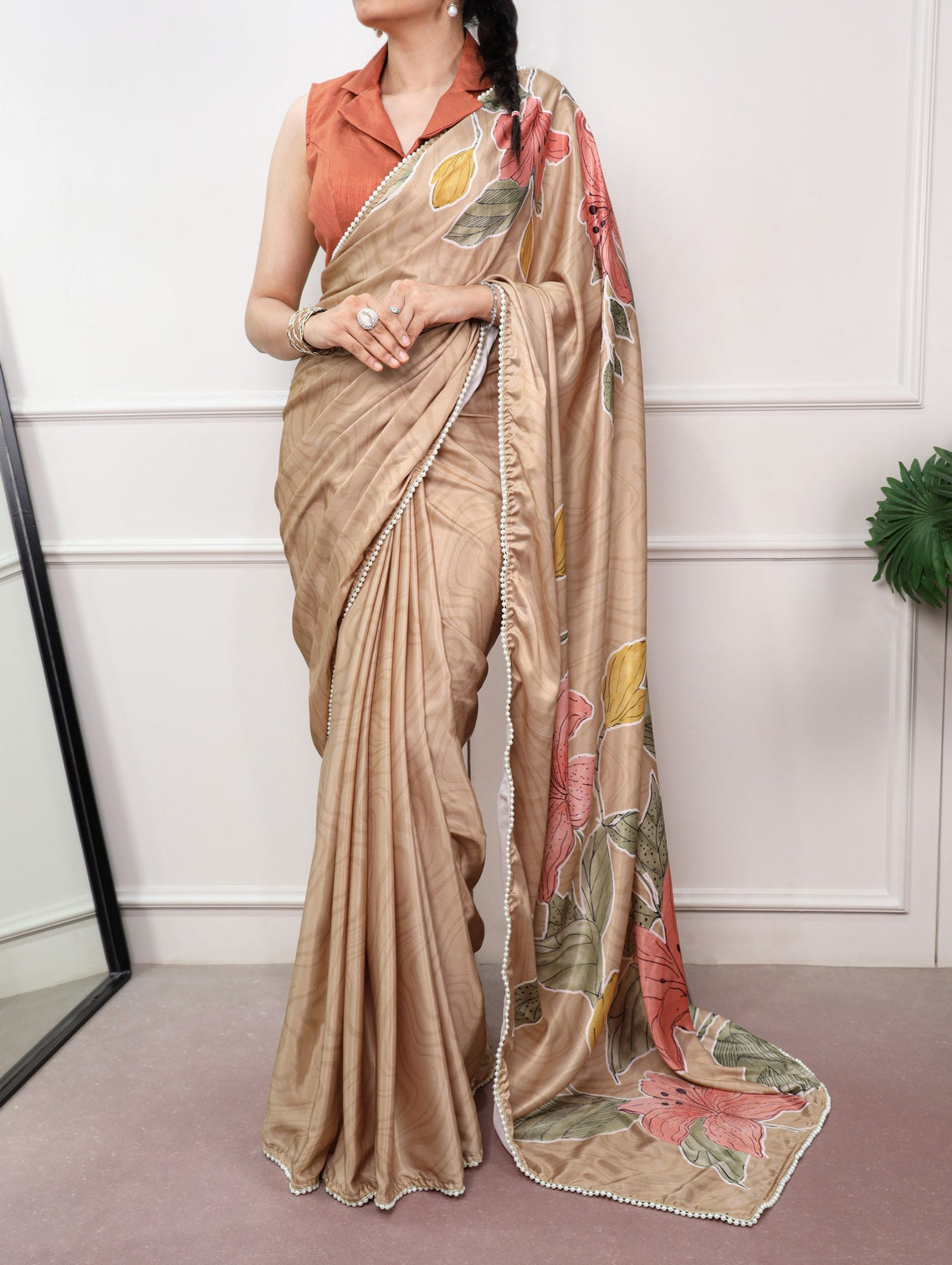 Chiku Satin Silk Printed Saree