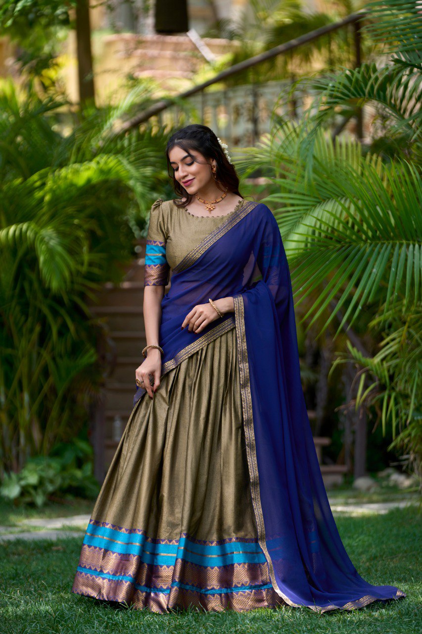 Chiku South Style Poly Cotton Half Saree – A Timeless Blend of Tradition & Elegance