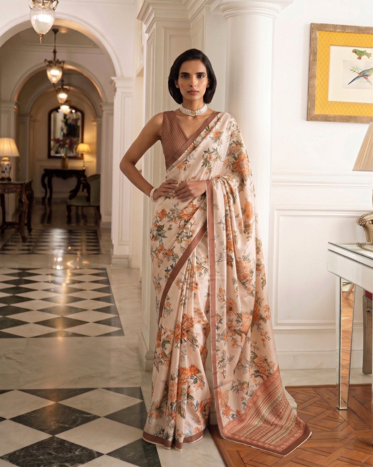 Chiku Tasar Silk Floral Print Saree