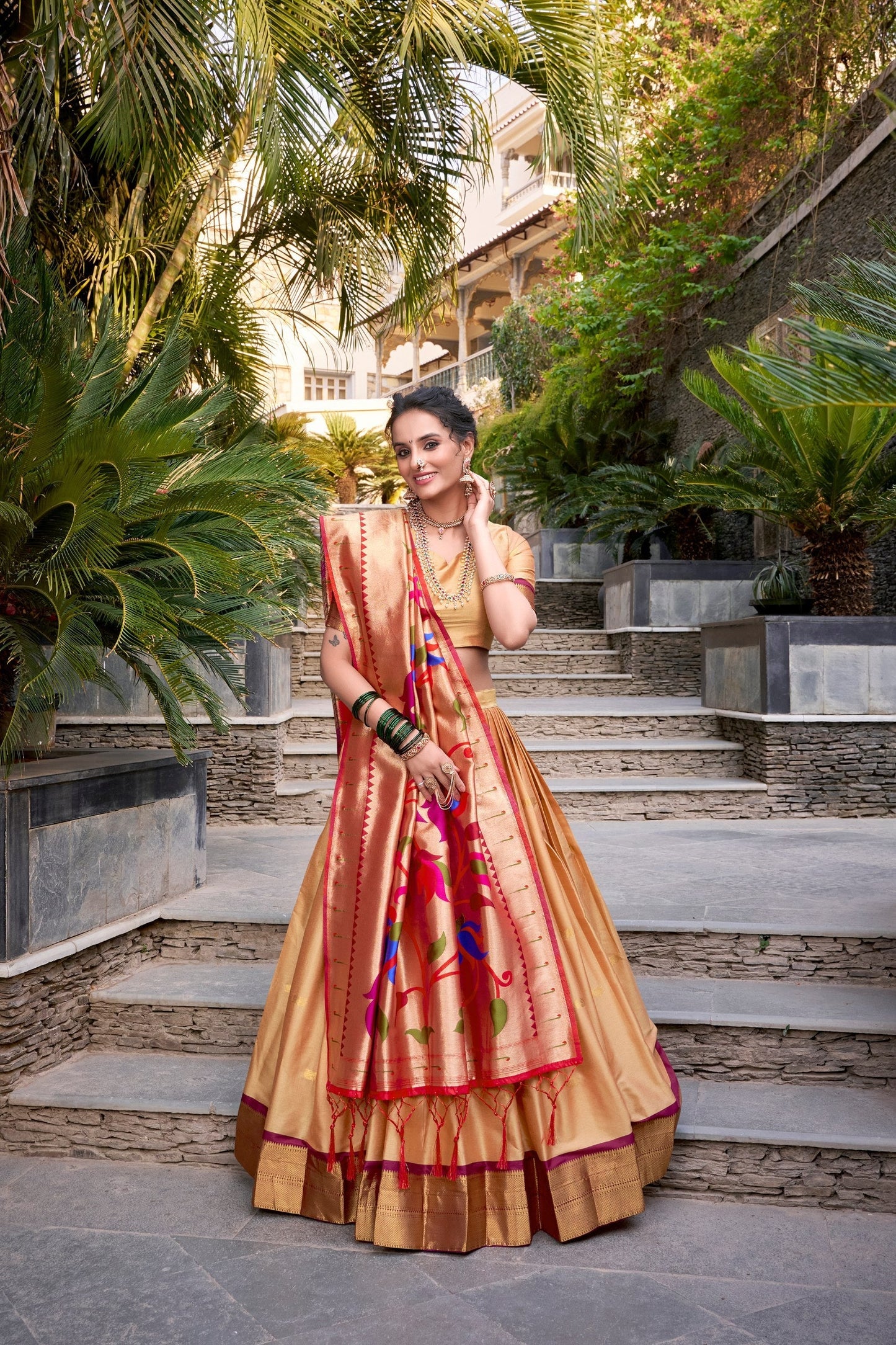 Chiku Traditional Paithani Jacquard Silk Lehenga Set with Zari Weaving & Tassel Dupatta – Stitched