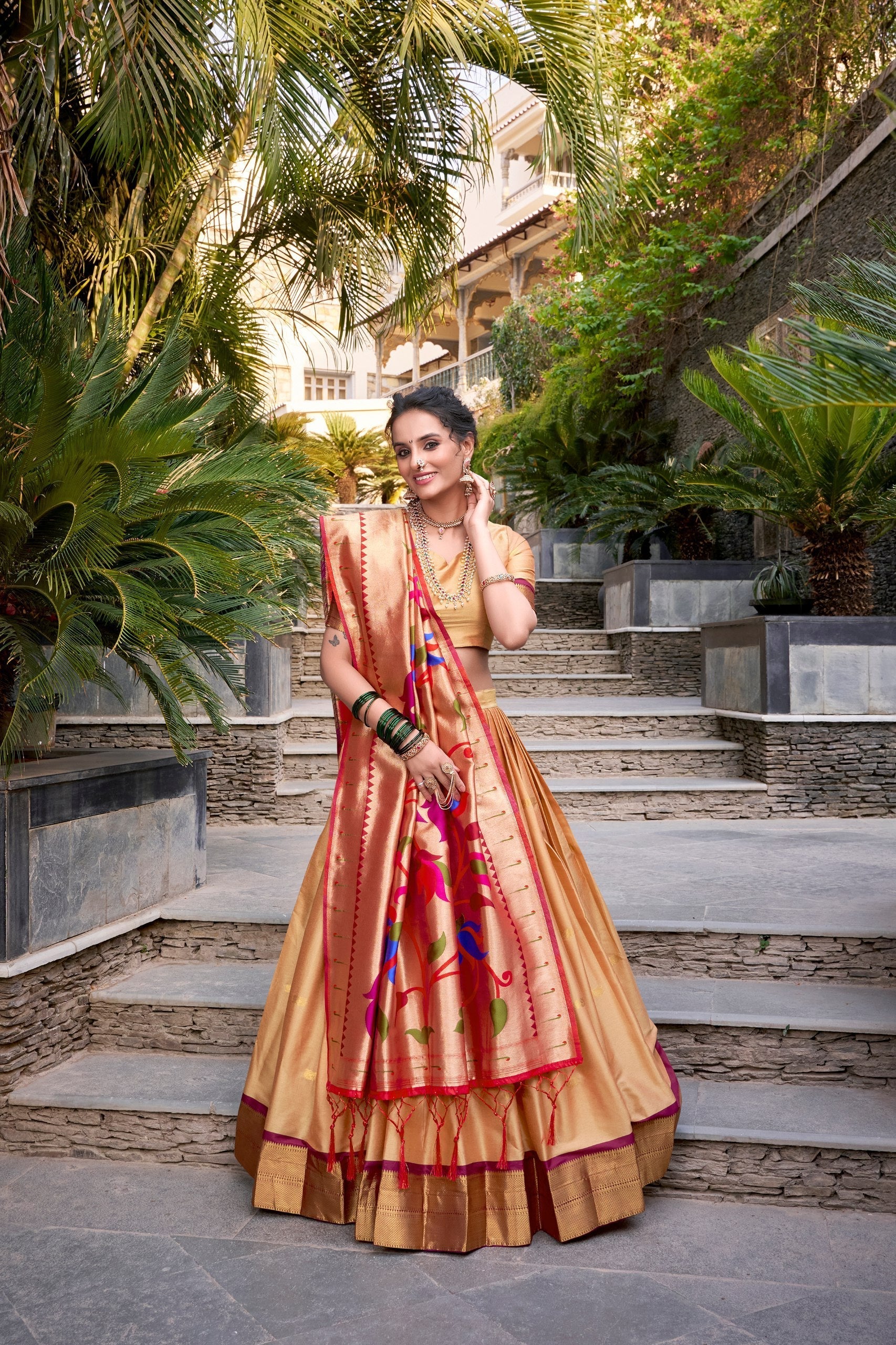 Chiku Traditional Paithani Jacquard Silk Lehenga Set with Zari Weaving & Tassel Dupatta – Stitched