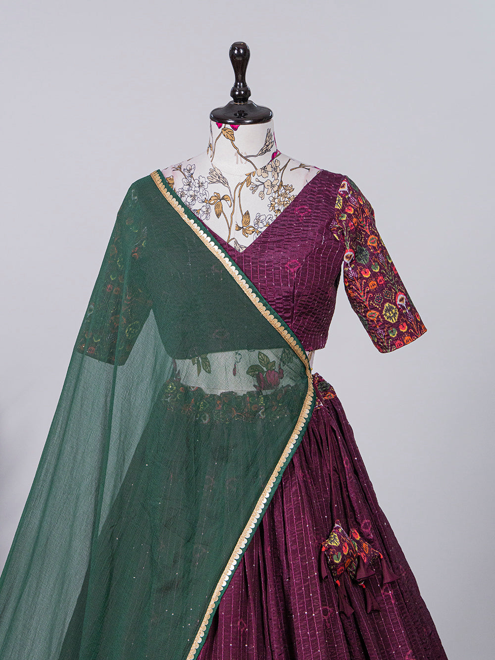 Wine Color Crochet Work Chinon printed Lehenga