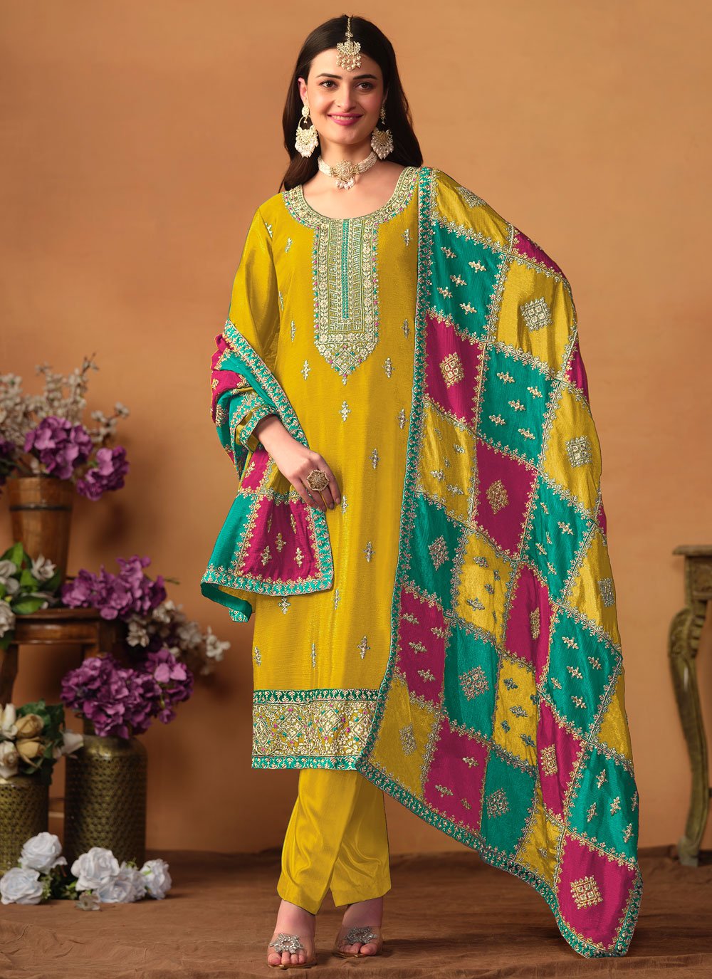 Chinon silk embroidered plus size straight suit in yellow