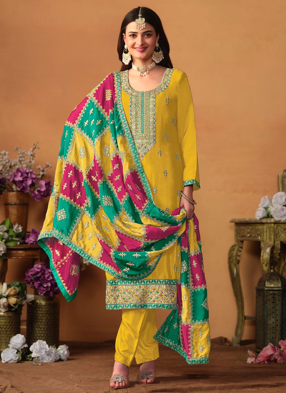 Chinon silk embroidered plus size straight suit in yellow