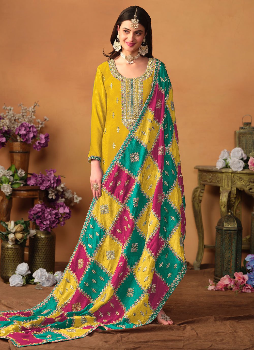 Chinon silk embroidered plus size straight suit in yellow