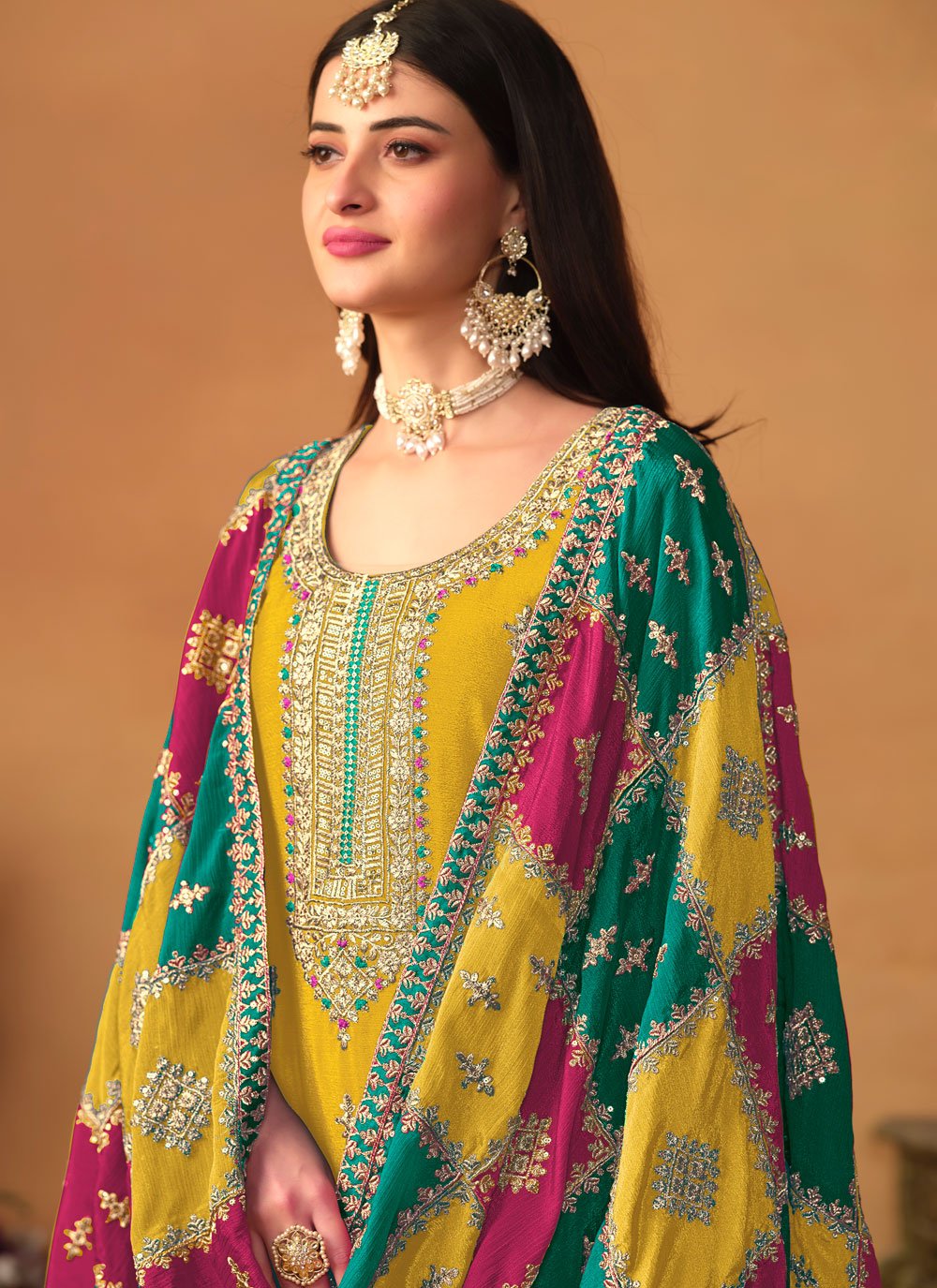 Chinon silk embroidered plus size straight suit in yellow