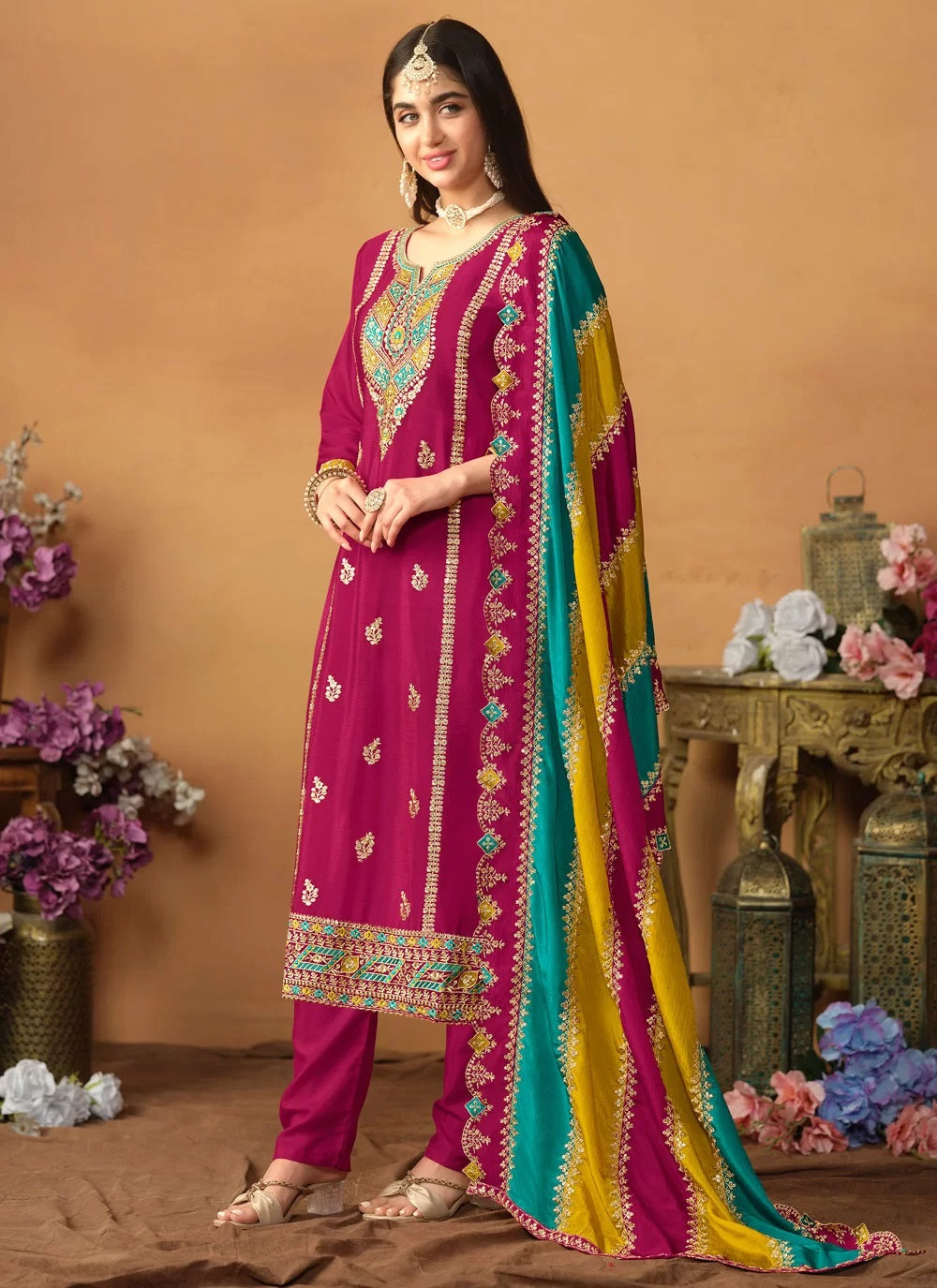 Chinon silk pant style pakistani embroidered suit in rani