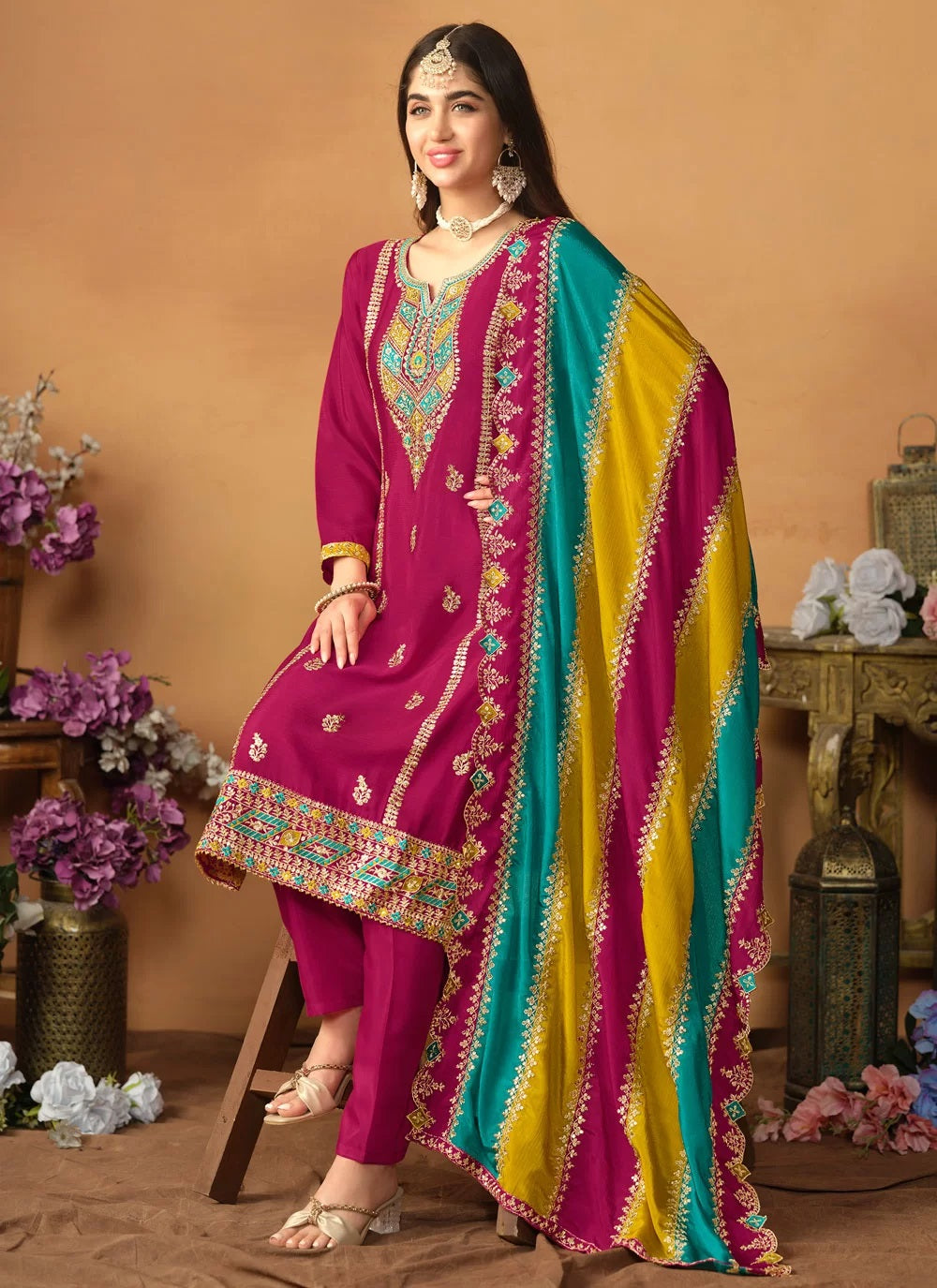 Chinon silk pant style pakistani embroidered suit in rani