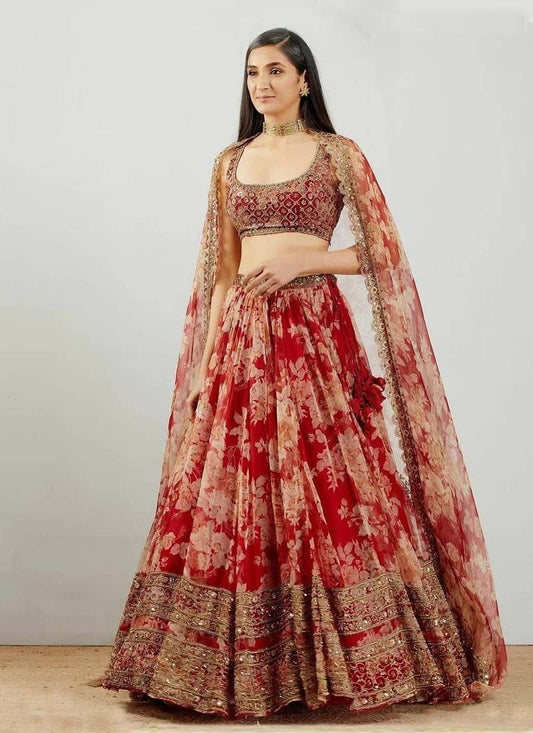 Red Georgette Printed Lehenga choli with heavy sequence work