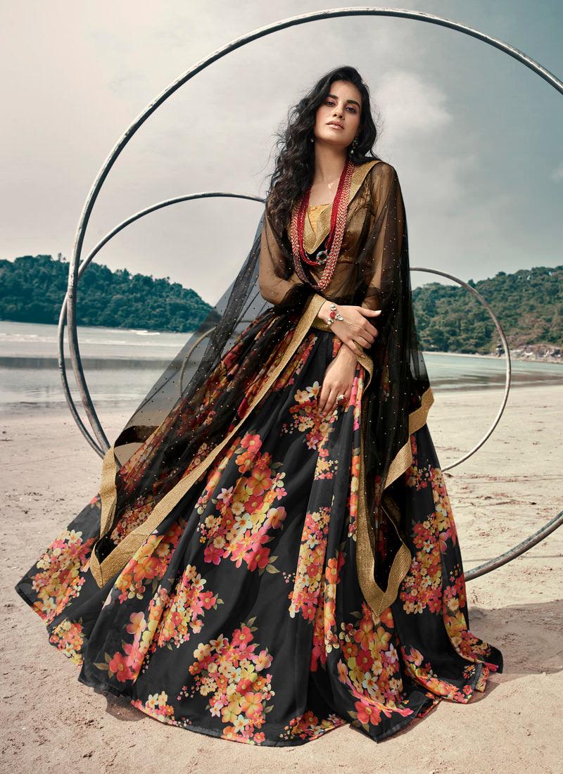 Classic Black Digital Floral Print Organza Lehenga Choli Set