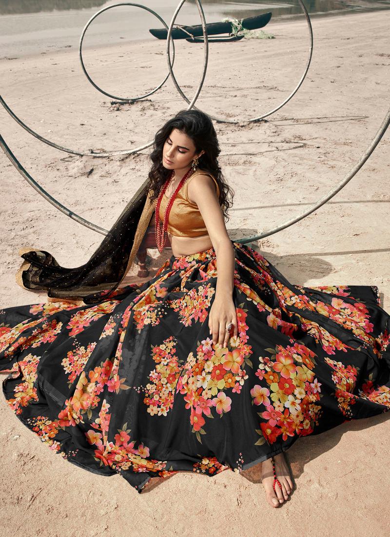 Classic Black Digital Floral Print Organza Lehenga Choli Set