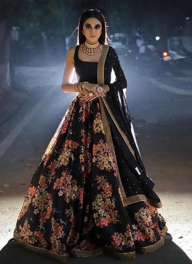 Classic Black Lace Digital Print Organza Lehenga Choli Set