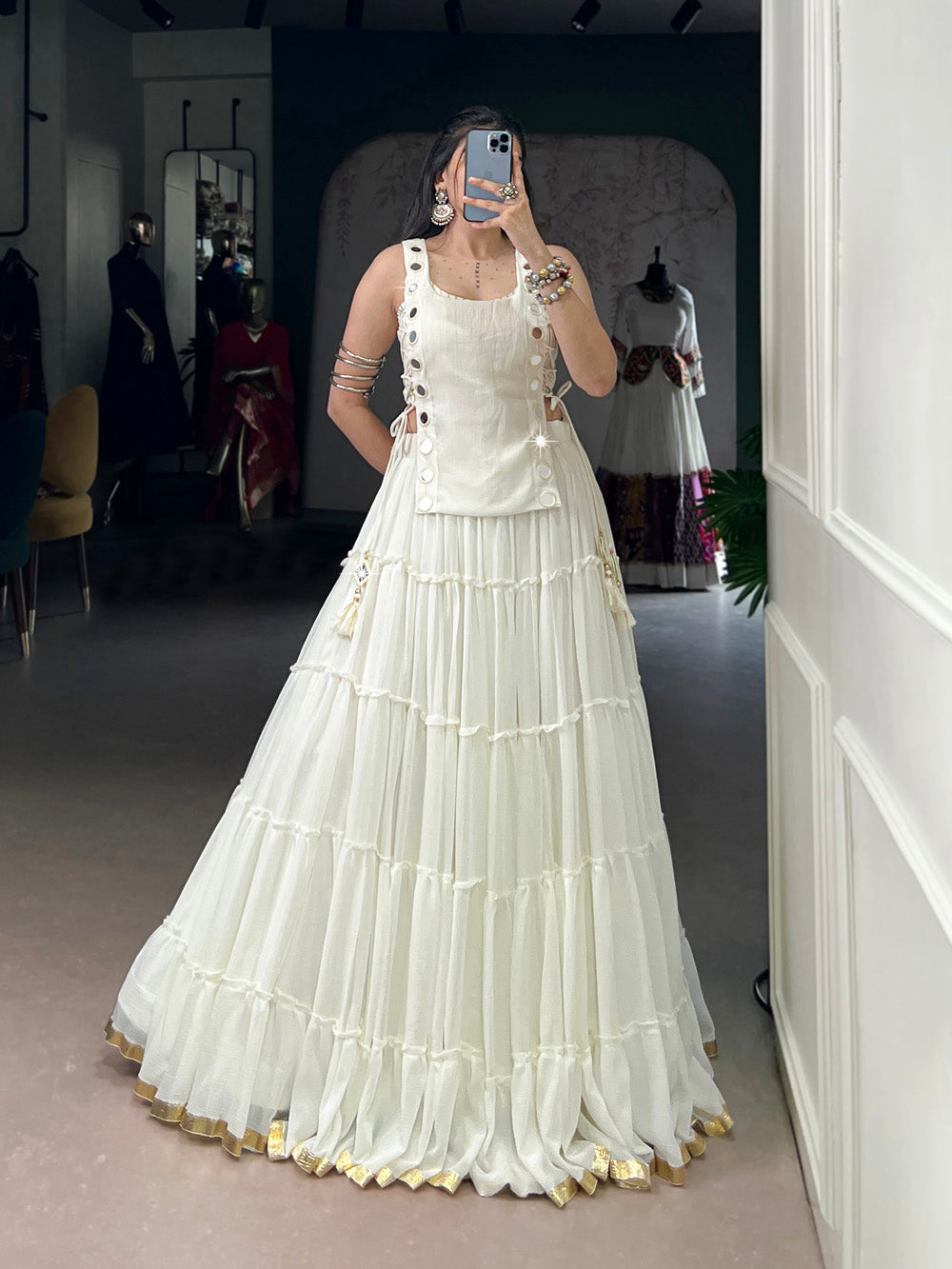 White color embossed design lace border marbel chaniya choli