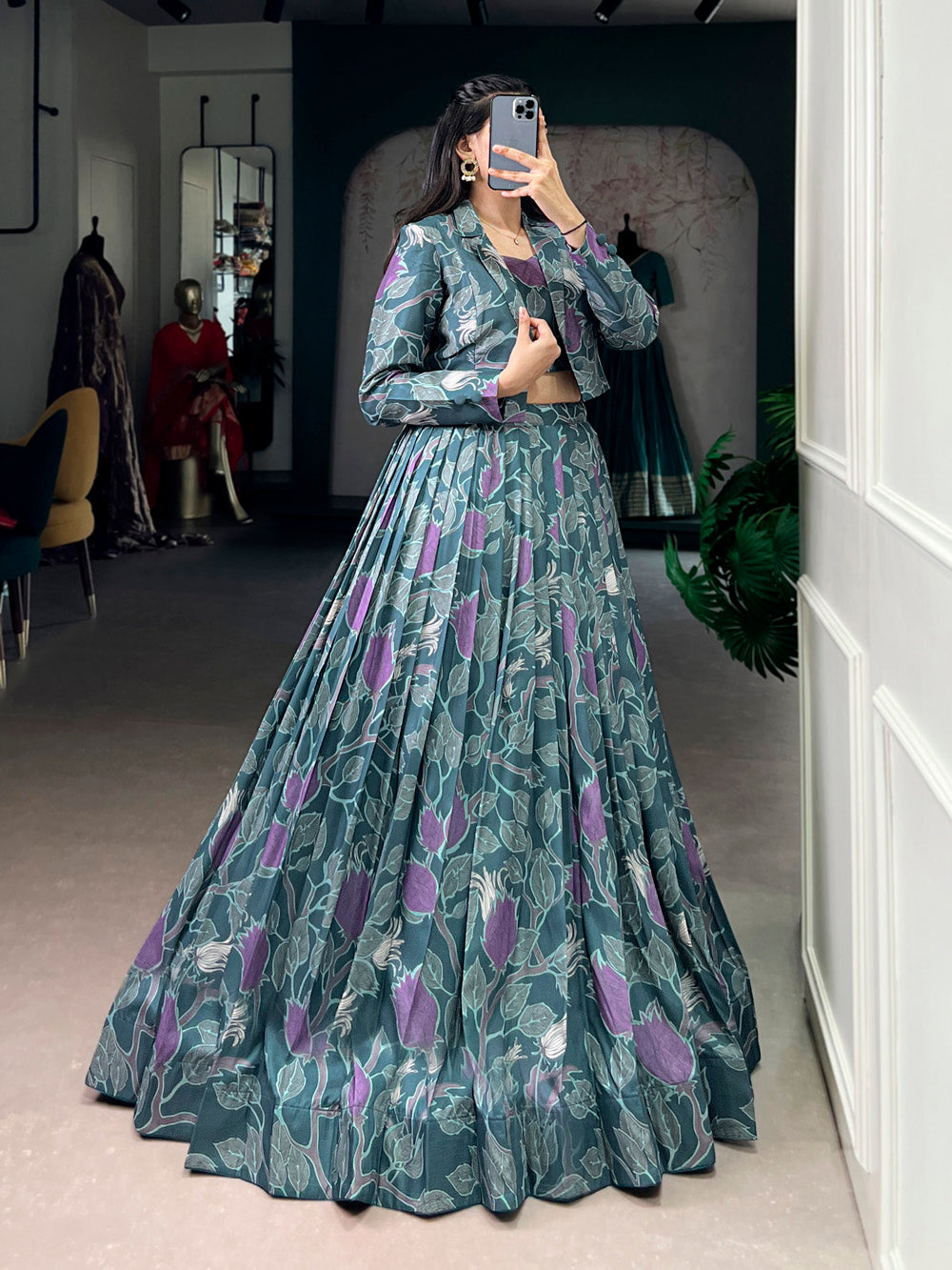 Teal blue color tasar silk co ord set