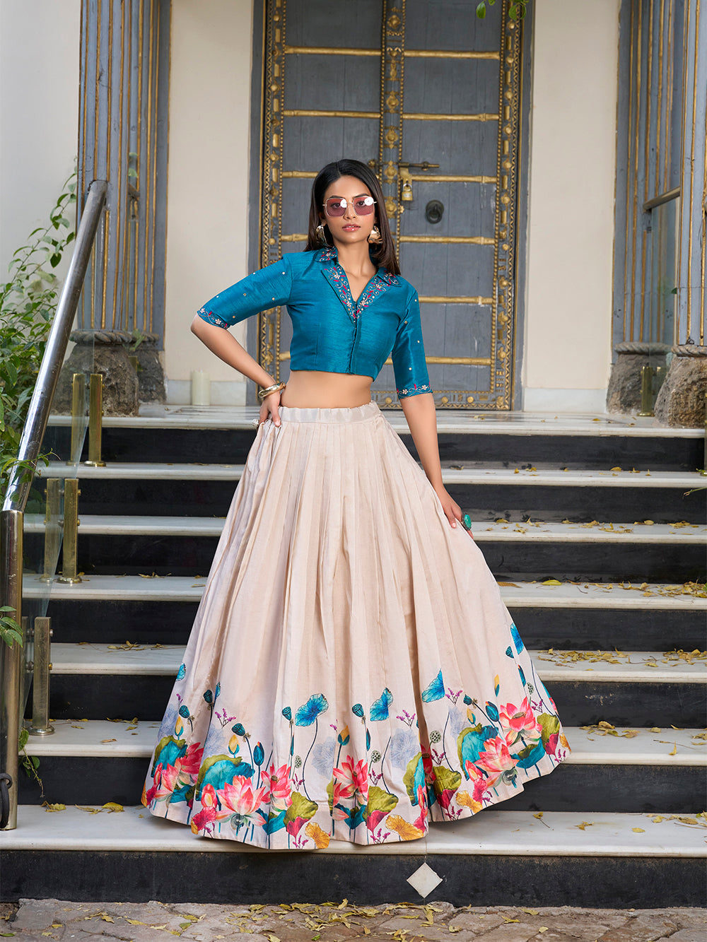 Off white tasar silk floral print lehenga choli stitched elegance