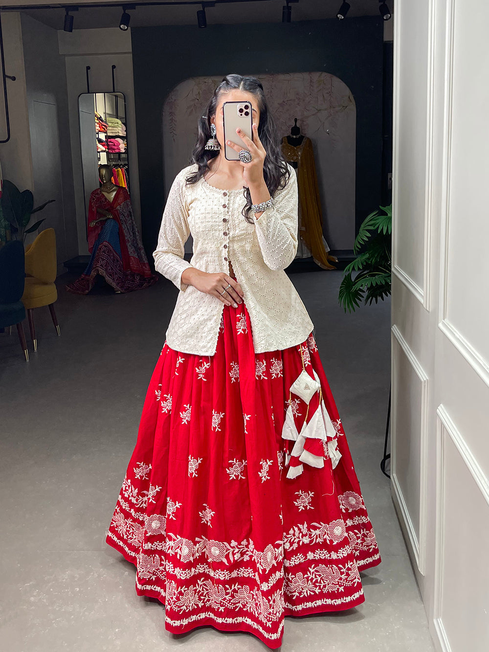 Red Color Sequins And Lucknowi Work Cotton Co-Ord Set Lehenga Choli