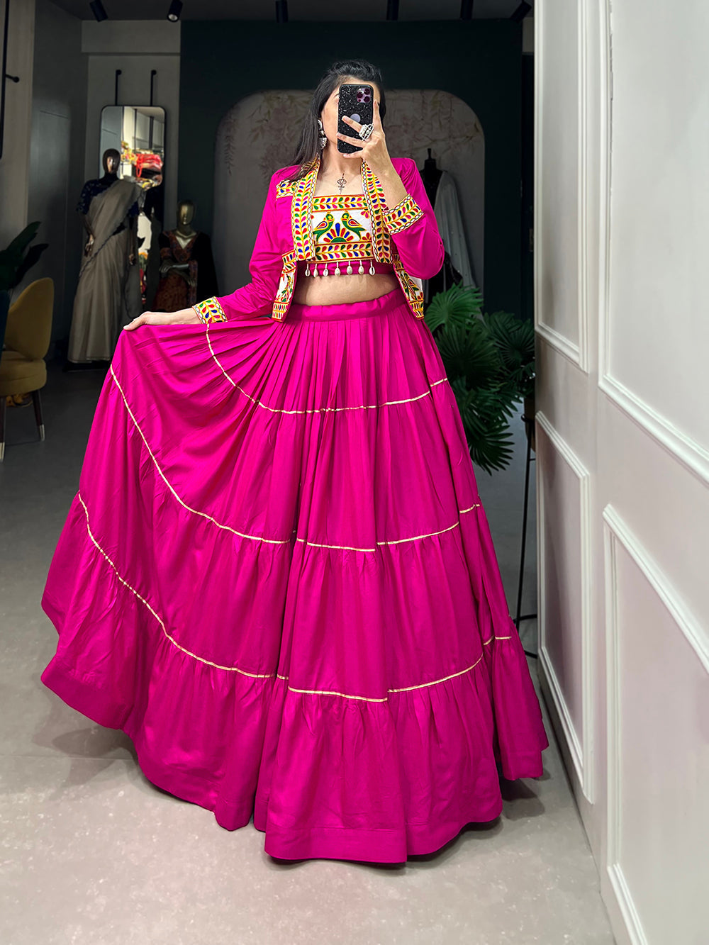 Pink Color Plain With Gota Patti Rayon Two Piece Chaniya Choli
