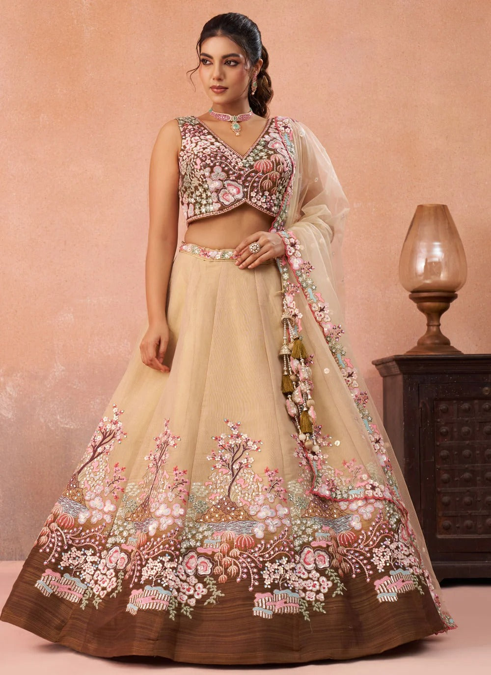 Coffee bridal lehenga with zarkan sequins embroidery