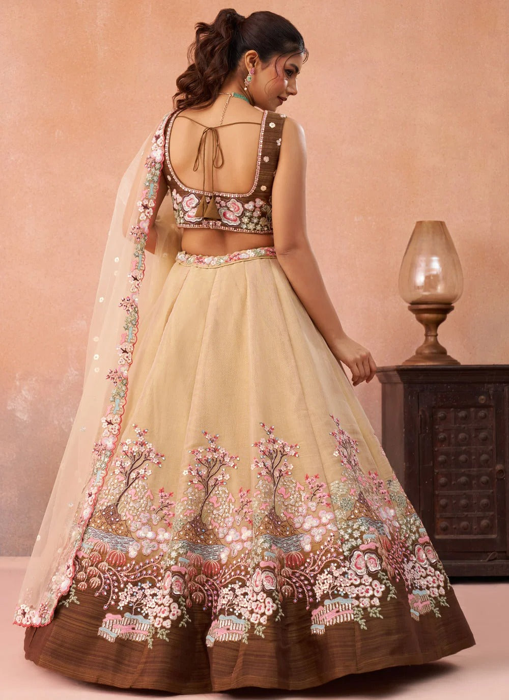 Coffee bridal lehenga with zarkan sequins embroidery