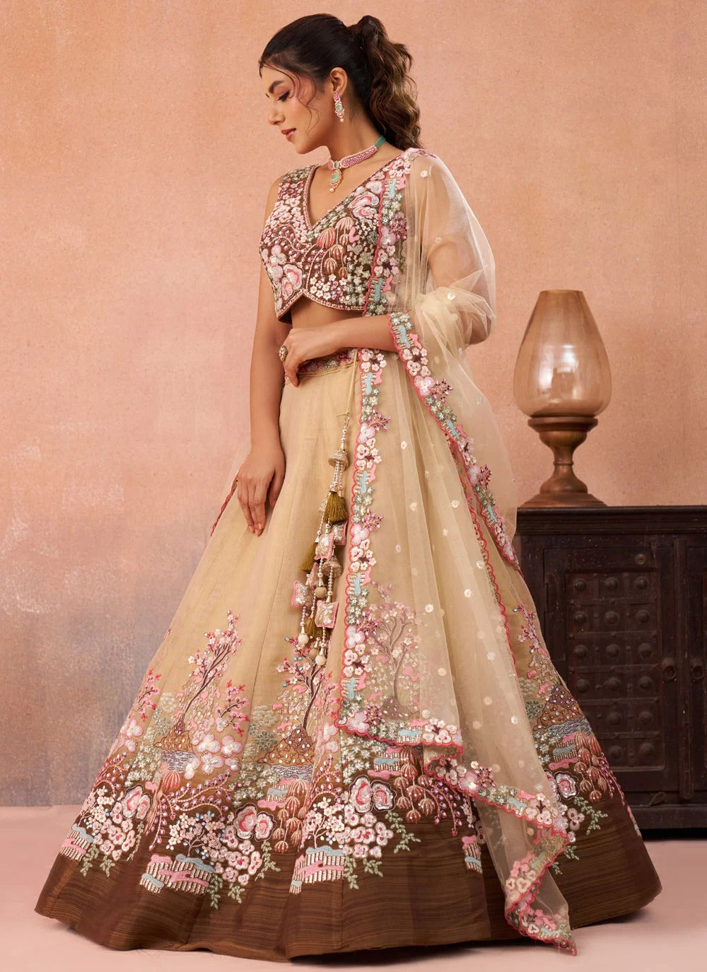 Coffee bridal lehenga with zarkan sequins embroidery